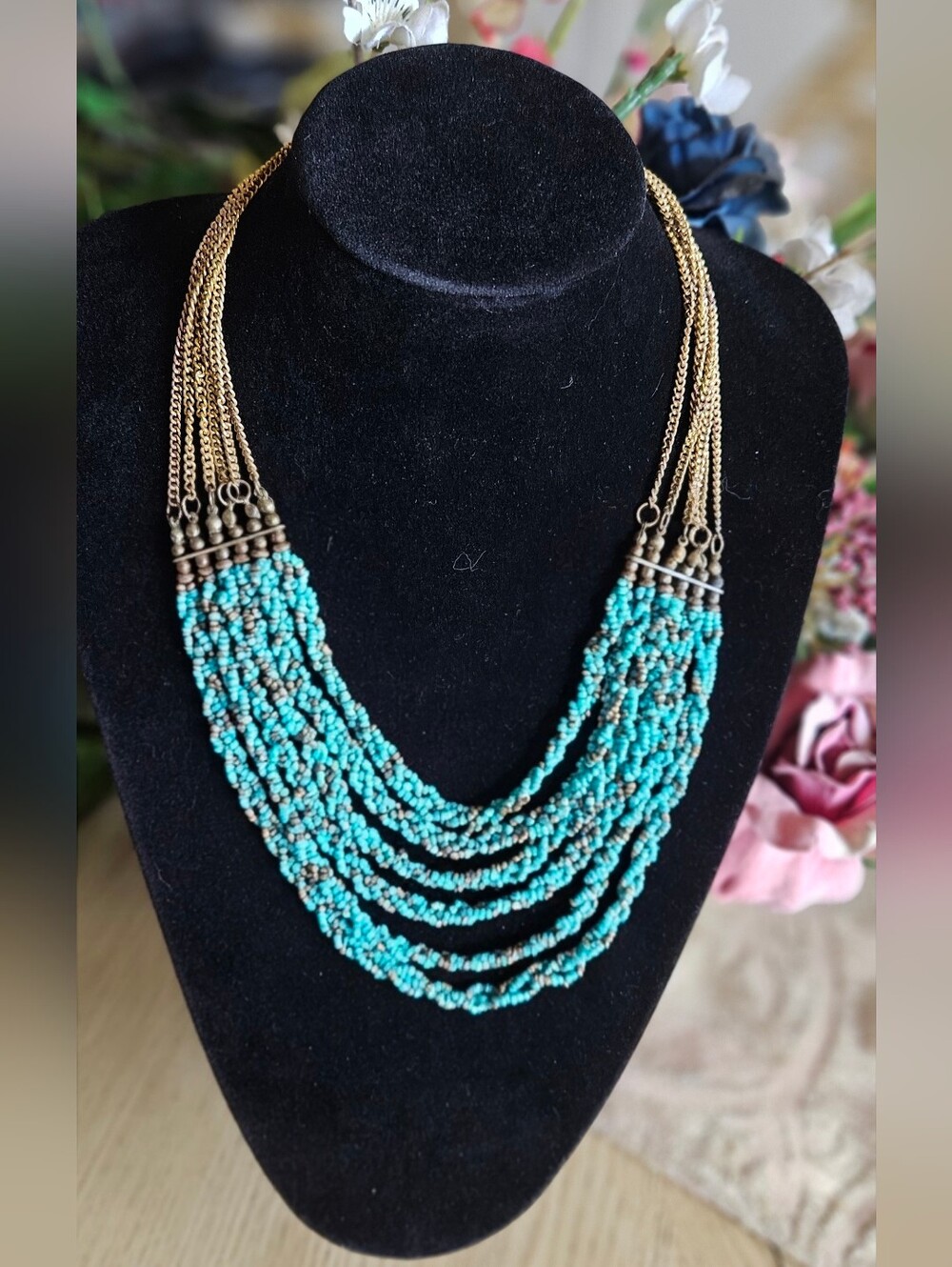 Boho Turquoise & Gold Multi-Strand Seed Bead Statement Necklace